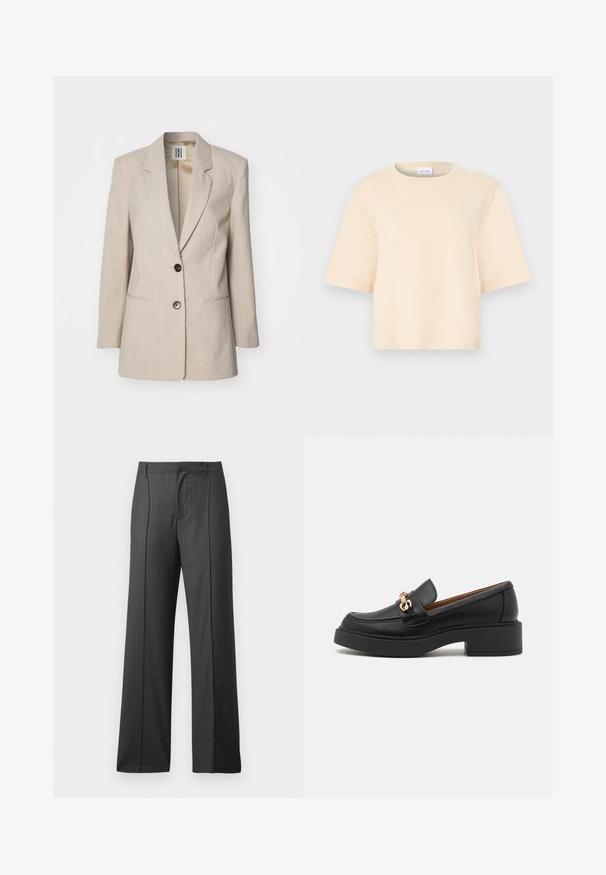Beige skræddersyet blazer med en spids revers, enkel sort knaplukning og to forlommer. Tekstureret stof med et subtilt mønster.; Beige bomuld t-shirt med korte ærmer, rund halsudskæring og en afslappet pasform. Glat tekstur uden mønstre eller ekstra detaljer.; Grå skræddersyede bukser med et nålestribet mønster, bred ben-design og flad front. Fremstillet af vævet stof med en glat tekstur.; Sort læderloafer med en kraftig platformsål, der har et guldbelagt kædeaccent og synlige sømdetaljer. Glat tekstur og strømlinet design.