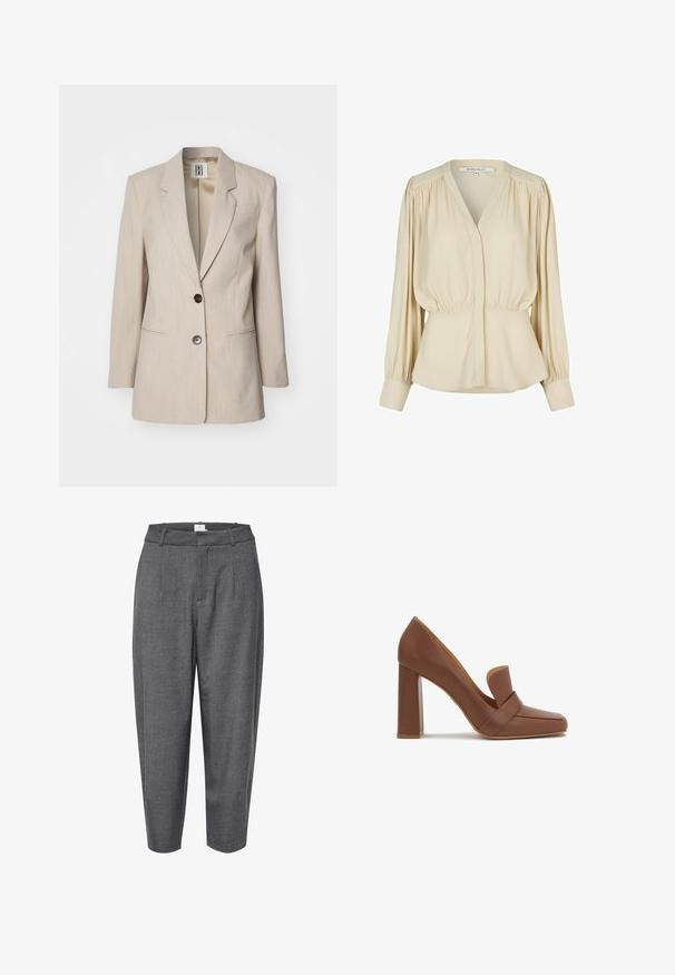 Blazer beige a medida con solapa muesca, cierre de un solo botón negro y dos bolsillos frontales. Tejido texturizado con un patrón sutil.; Blusa beige de manga larga con escote en V, costuras de hombro fruncidas y cintura ajustada. Fabricada en un tejido suave con una textura lisa.; Pantalones grises, ajustados y de tela texturizada; cuentan con pliegues y una cinturilla lisa con un cierre oculto.; Zapato de tacón alto de cuero marrón con punta cuadrada y una correa ancha en la parte frontal. El tacón es de forma rectangular y sólido.