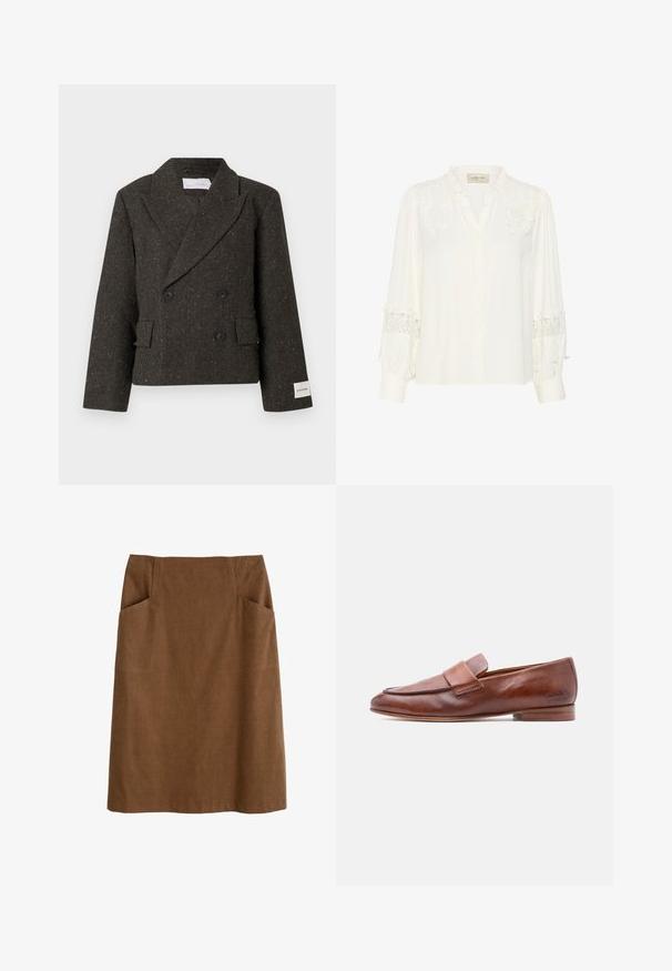 Veste marron foncé à double boutonnage en tissu texturé avec de subtiles paillettes dorées. Elle comporte de gros boutons noirs et des poches latérales.; Chemise blanche en tissu doux, présentant des détails en dentelle aux épaules et aux poignets, un devant boutonné, et un col légèrement froncé.; Jupe en coton brun avec une taille ajustée, deux poches latérales et une coupe droite. Le tissu a une texture douce et un subtil éclat.; Mocassin à enfiler en cuir marron avec un petit talon et une bride sur le dessus, vu de côté sur fond blanc.