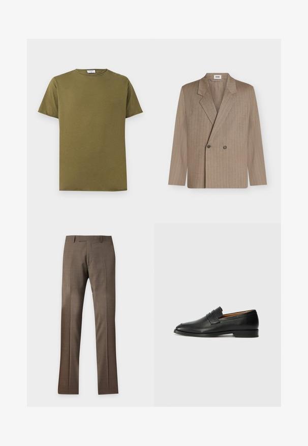 Blazer croisé beige avec fines rayures verticales, deux boutons et revers crantés, présenté sur fond blanc.; T-shirt en coton uni vert olive à manches courtes, col rond, avec une étiquette de marque blanche visible à l'intérieur du col.; Pantalon habillé marron sur mesure avec passants pour ceinture et pli frontal, présenté sur un fond clair uni.; Mocassin en cuir noir avec un bout arrondi, des coutures subtiles et un talon bas, présentant une texture lisse et un design minimaliste.