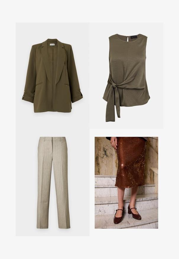 Olijfgroene damesblazer met inkepingrevers, lange mouwen opgerold met knoopsluitingen, twee voorzakken met ingang en een rechte zoom.; Mouwloze olijfgroene blouse met ronde hals en detail van zijstrik, licht gestructureerde stof, knoopsluiting met oogje aan de achterkant van de halslijn.; Beige pantalon met krijtstrepen en een rechte pijp, voorzien van een gestructureerde tailleband en een subtiele textuur in de stof.; Vrouw in een bruine pailletten midi-rok en donkere bruine crococodillen-huid Mary Jane hakken, staand op marmeren trappen.