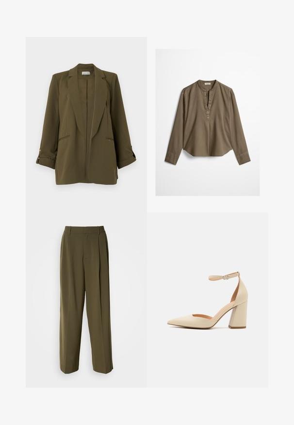 Olijfgroene damesblazer met inkepingrevers, lange mouwen opgerold met knoopsluitingen, twee voorzakken met ingang en een rechte zoom.; Bruine casual blouse met lange mouwen, mandarijnkraag, plooitje aan de voorkant en licht gebogen zoom, plat uitgestald op een witte achtergrond.; Olijfgroene wijde broek van een gladde stof, met een hoge taille, plooien aan de voorkant en zijzakken voor functionaliteit.; Beige gepatineerd leren hoge hakpomp met een spitse neus, enkelbandje en een chunky hak. Gladde textuur met minimale stikdetails.