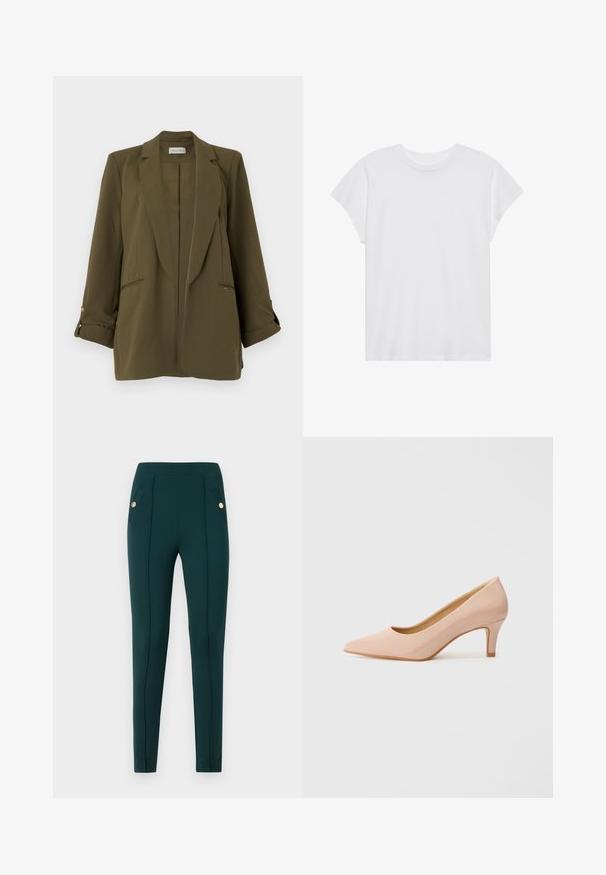 Blazer femme vert olive avec revers crantés, manches longues retroussées avec pattes boutonnées, deux poches passepoilées à l'avant et ourlet droit.; T-shirt blanc à manches courtes, col rond, coupe décontractée, en tissu de coton doux. Texture lisse, sans motifs ni logos.; Pantalon vert foncé ajusté avec coutures frontales et rabats de poche boutonnés, présenté sur un fond clair uni.; Chaussure à talon haut en vernis rose, à bout pointu et talon bas, présentant une finition lisse et brillante, avec une subtile découpe en V à l'avant.