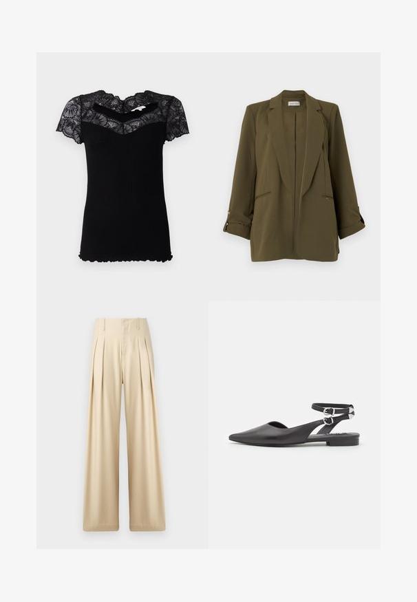 Olivengrøn damesblazer med hakkede revers, lange ærmer rullet op og knappede stropper, to front-lomme med åbning og en lige kant.; Sort ribbet t-shirt med korte blondeskuldre og bølget halsudskæring. Har en tætsiddende pasform og tekstureret stof.; Beige bredde-bukser lavet af et glat stof. Har skarpe plisseringer, høj talje og subtile syninger for et skræddersyet look.; Sorte læderflade sko med spids tå, ankelrem og spænde detaljer. Har en lille, lav hæl og et åbent sides design.