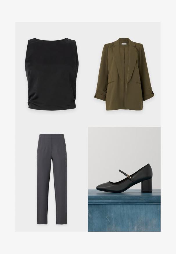 Blazer femme vert olive avec revers crantés, manches longues retroussées avec pattes boutonnées, deux poches passepoilées à l'avant et ourlet droit.; Débardeur noir sans manches avec une texture lisse et brillante ; il présente un col rond et des détails froncés sur les côtés pour une silhouette ajustée.; Pantalon droit gris foncé avec taille haute et plis subtils à l'avant, présenté sur un fond clair uni.; Chaussure Mary Jane noire avec talon carré et sangle à boucle dorée, flottant au-dessus d'un sol en béton lisse dans un cadre intérieur minimaliste.