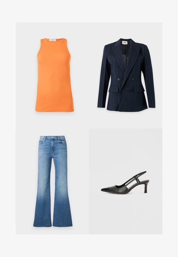 Blazer double boutonnage bleu marine à rayures fines, avec revers encadrés, poches à rabat et quatre boutons noirs à l'avant.; Débardeur côtelé orange sans manches avec un col rond et un petit logo près de l'ourlet, présenté sur un fond uni.; Jean en denim bleu avec une taille haute, des hanches ajustées et des jambes larges évasées, doté de cinq poches et d'une fermeture à bouton.; Chaussure à bride arrière en cuir noir avec bout pointu, dotée d'un accent brillant sur le bout et d'un talon de hauteur moyenne. Design latéral ouvert.