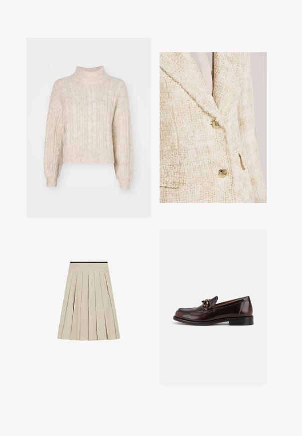 Tweed blazer in crème met subtiele gouden deeltjes, voorzien van een notch-kraag, twee knopen en een gestructureerde stof.; Crème-kleurige cropped trui met een hoge nek, met een getextureerd kabelbreipatroon en lange, iets pofmouwen.; Beige geplooide rok met een brede tailleband en een donkere rand bovenaan, knielengte met gelijkmatig verdeelde verticale plooien.; Donkerbruine leren herenslipper met lage hak en decoratief metalen detail op het bovenwerk, zijaanzicht op witte achtergrond.