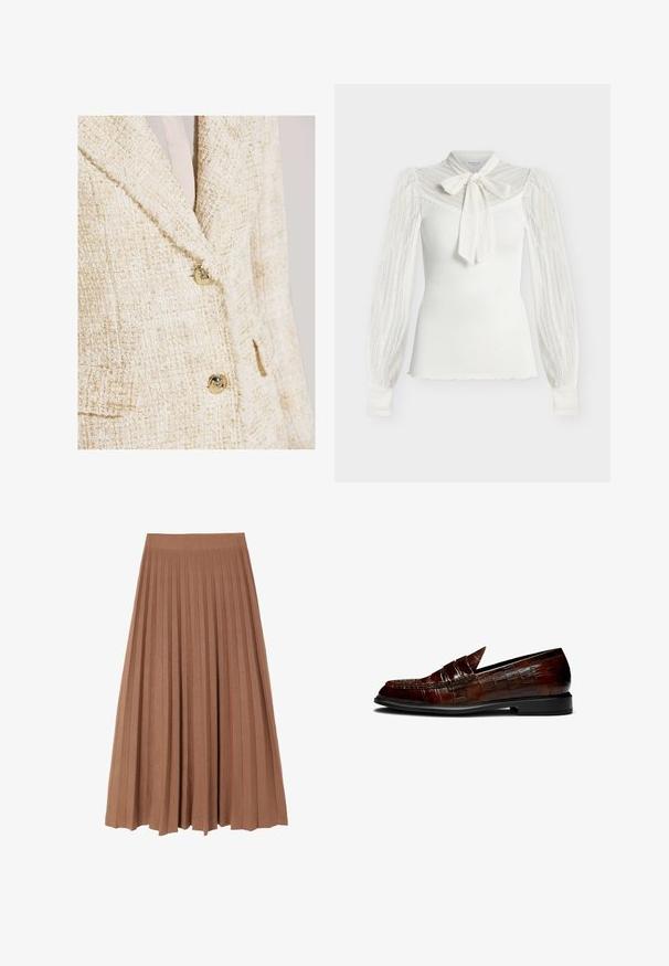 Blazer en tweed crème avec de subtils reflets dorés, doté d'un col cranté, de deux boutons et d'un tissu texturé.; Haut blanc à manches longues côtelé avec manches en dentelle, empiècement en dentelle et un grand noeud en dentelle noué au cou.; Jupe midi plissée marron avec une texture lisse et une large ceinture, présentant des plis verticaux réguliers sur toute sa longueur, créant une silhouette fluide.; Mocassins en cuir marron avec une texture crocodile, présentant un talon bas et un design à bout pointu. Coutures d'accent le long des bords.