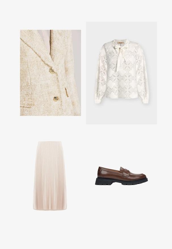 Blazer en tweed crème avec de subtils reflets dorés, doté d'un col cranté, de deux boutons et d'un tissu texturé.; Blouse blanche à manches longues avec motif en dentelle florale, poignets froncés et détail nœud à nouer devant au niveau du col.; Jupe midi plissée de couleur beige clair, fabriquée à partir d'un tissu lisse, présentant de fines plis verticaux et une taille élastique.; Mocassins en cuir marron avec une semelle plate en caoutchouc noir. Présentent un design de chaussure cousu et une petite sangle décorative sur le dessus.
