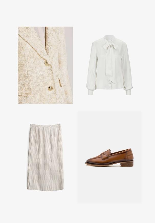Blazer en tweed crème avec de subtils reflets dorés, doté d'un col cranté, de deux boutons et d'un tissu texturé.; Blouse blanche en tissu lisse, avec un nœud au col, des manches longues bouffantes et une fermeture à boutons à l'avant.; Jupe midi plissée en beige clair, dotée d'une taille élastique. Le tissu a une surface texturée avec des lignes verticales et un tombé doux.; Mocassins en cuir marron avec un panneau avant tissé texturé, bout rond et petit talon empilé. Finition lisse avec des détails de couture subtils.