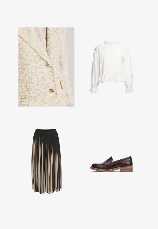 Blazer en tweed crème avec de subtils reflets dorés, doté d'un col cranté, de deux boutons et d'un tissu texturé.; Blouse blanche à manches longues avec col et poignets volantés, fermeture boutonnée devant et bas peplum froncé.; Jupe midi plissée en noir et beige avec une taille haute élastiquée, présentant des rayures verticales et un design fluide pour le mouvement.; Pikolinos ALDAYA - Chaussons - dark brown