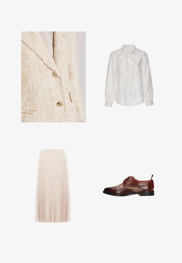 Tweed blazer in crème met subtiele gouden deeltjes, voorzien van een notch-kraag, twee knopen en een gestructureerde stof.; Witte satijnen blouse met lange mouwen, parelknopen en grote decoratieve strik vastgeknoopt bij de kraag, aansluitende manchetten.; Plissé midi rok in een lichtbeige kleur, gemaakt van een gladde stof, met smalle verticale plooien en een elastische tailleband.; Bruine leren herenschoenen in twee tinten met brogue-details, vetersluiting en zwarte zool, zijaanzicht op witte achtergrond.
