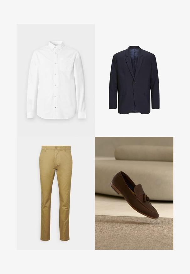 Marineblazer mit strukturiertem Schnitt, Einzelknopfverschluss, Reverskragen und zwei Fronttaschen. Hergestellt aus einem glatten Stoff mit leichtem Glanz.; Weißes Langarmhemd aus Baumwolle. Verfügt über einen Button-Down-Kragen, eine Brusttasche und eine dezente Textur. Gerade Saumlinie mit Knopfverschlüssen.; Khaki Chinos aus glattem Baumwollmaterial, mit klassischem geradem Schnitt, Vordertasche und einem einzelnen Knopfverschluss an der Taille.; Brauner Lederloafer mit Quasten, schwebt über einem beigen Teppich und Sofa in einem sanft beleuchteten Innenraum.