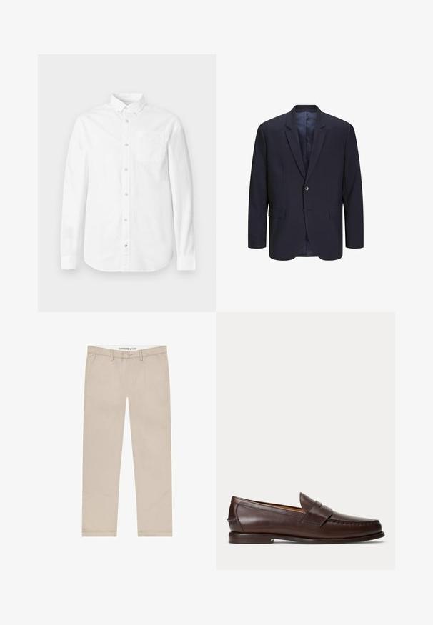 Marineblazer mit strukturiertem Schnitt, Einzelknopfverschluss, Reverskragen und zwei Fronttaschen. Hergestellt aus einem glatten Stoff mit leichtem Glanz.; Weißes Langarmhemd aus Baumwolle. Verfügt über einen Button-Down-Kragen, eine Brusttasche und eine dezente Textur. Gerade Saumlinie mit Knopfverschlüssen.; Beige Chinos aus einem Baumwollmischgewebe mit geradem Bein, Fronttaschen und Knopfverschluss an der Taille.; Dunkelbrauner Leder-Pennyloafer mit Nahtdetails und niedrigem gestapeltem Absatz, seitlich auf einfachem Hintergrund gezeigt.