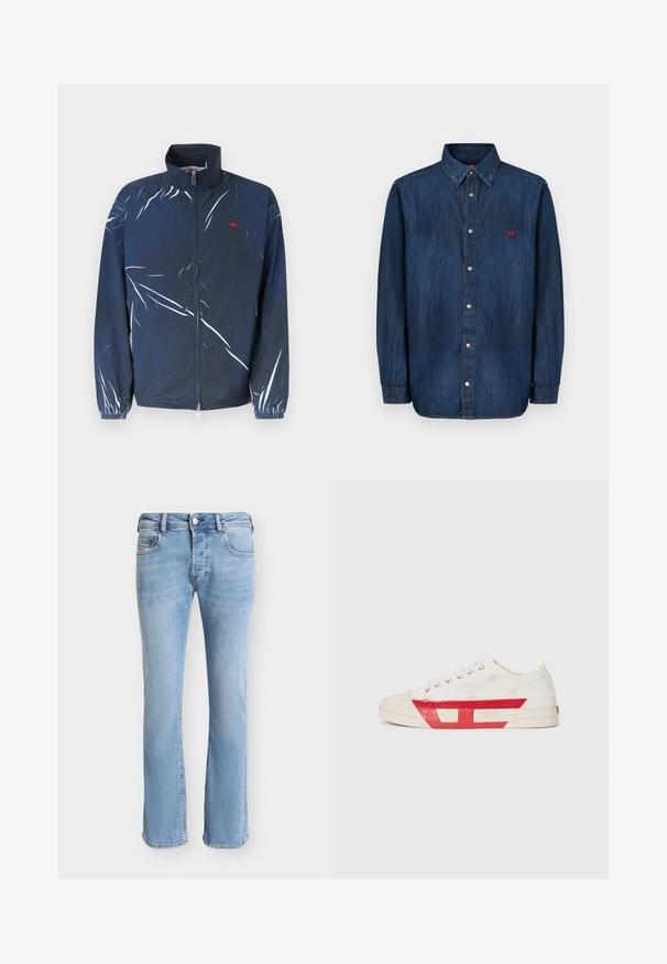 Veste à fermeture éclair bleu marine avec des rayures abstraites blanches, des poignets élastiques et un petit logo rouge sur la poitrine gauche.; La chemise en denim présente une teinte bleu foncé, un col boutonné, un col pointu, des manches longues et un petit logo rouge sur la poitrine.; Jean droit en denim bleu clair avec poches avant, passants de ceinture, fermeture à boutons et coutures visibles sur un fond uni.; Baskets en toile avec un dessus blanc, des accents en caoutchouc rouge et un design texturé. Elles présentent une tête arrondie et cinq œillets pour les lacets.