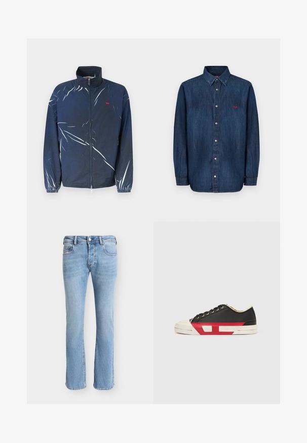 Veste à fermeture éclair bleu marine avec des rayures abstraites blanches, des poignets élastiques et un petit logo rouge sur la poitrine gauche.; La chemise en denim présente une teinte bleu foncé, un col boutonné, un col pointu, des manches longues et un petit logo rouge sur la poitrine.; Jean droit en denim bleu clair avec poches avant, passants de ceinture, fermeture à boutons et coutures visibles sur un fond uni.; Baskets en toile noire avec des accents rouges, un bout en caoutchouc et une semelle blanche. Elles présentent des lacets noirs et un design texturé sur le côté.