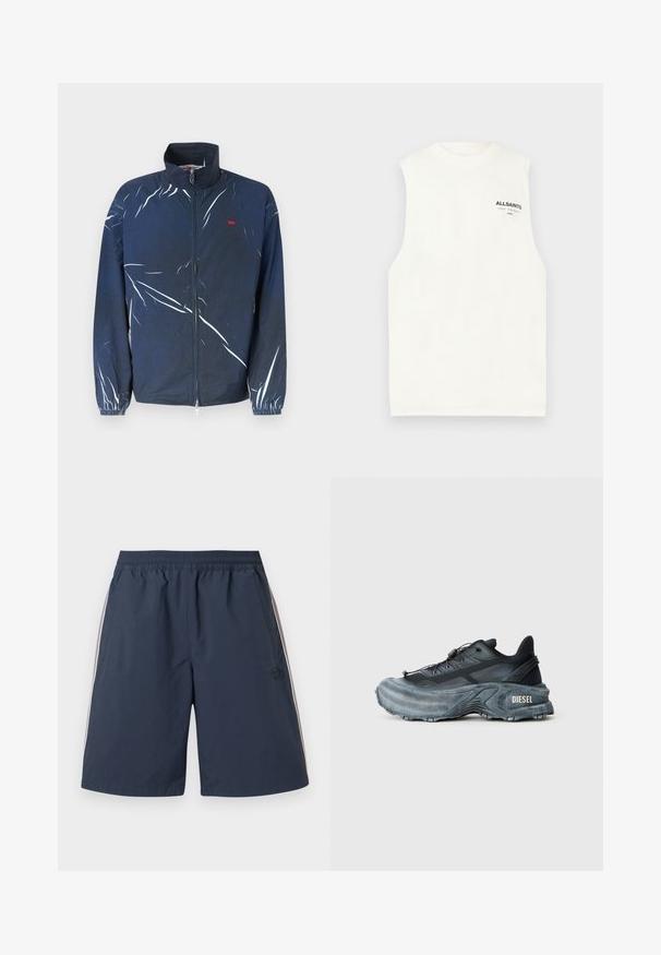 Veste à fermeture éclair bleu marine avec des rayures abstraites blanches, des poignets élastiques et un petit logo rouge sur la poitrine gauche.; T-shirt blanc sans manches avec col rond et petit logo noir AllSaints sur le haut gauche de la poitrine.; Shorts de sport bleu marine avec taille élastique, poches latérales et fines rayures blanches le long des côtés extérieurs.; Baskets Diesel noires et grises avec semelle épaisse, système de laçage à bascule et design texturé sur fond gris clair uni.