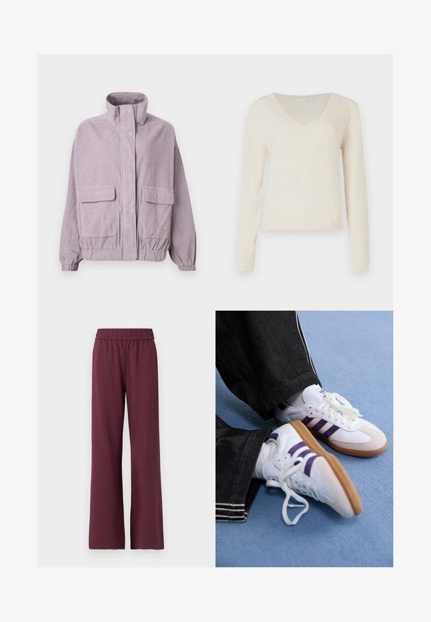 Lilla kordfløjljakke med høj krave, frontlommer med klap, elastiske manchetter og detaljer ved kanten, vist på en hvid baggrund.; Cremefarvet V-hals langærmet sweater med ribbede manchetter og kant, præsenteret mod en ensfarvet hvid baggrund.; Bordeaux brede bukser med elastisk talje, lavet af blødt stof, med en glat overflade og en afslappet pasform.; Hvide sportsko med lilla striber og brune gummisåler, med runde snørebånd og polstret krave. Båret med mørke denimbukser.