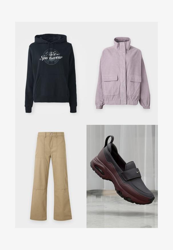Lila Cordjacke mit hohem Kragen, vorderen Klappentaschen, elastischen Bündchen und Saumdetail, auf einem weißen Hintergrund präsentiert.; Schwarzer Hoodie aus einem Baumwoll-Blend-Gewebe mit einer vorderen Kängurutasche, Kapuze mit Kordelzug und einem kreisförmigen Grafik mit dem Text "Nike Sportswear".; Beige hoch taillierte Hosen mit weitem Bein, vorderen aufgesetzten Taschen, Gürtelschlaufen und Knopfverschluss. Einfacher, strapazierfähiger Stoff mit sichtbaren Nähten.; Dunkelgrauer und kastanienbrauner Slip-On-Sportschuh mit strukturiertem Obermaterial, dicker Sohle, Luftpolster und Zuglasche, der über einem Marmorboden schwebt.