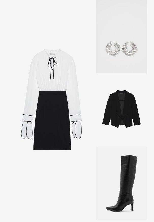 Zwarte blazer met een sjawl-kragen, driekwartmouwen en een open voorkant. Gemaakt van een soepele stof met een gestructureerde afwerking.; Witte blouse met een geplooide halslijn en trekkoord; zwarte fitted rok met contrasterende witte bies op de mouwen. Glad stoftextuur.; Knee-high zwarte leren stiletto laarzen met een spitse neus en een gladde textuur. De hak is blokstijl, wat stabiliteit aan het ontwerp toevoegt.; Zilveren hoepeloorbellen versierd met meerdere heldere kristalaccenten, met een gestructureerd oppervlak en een open cirkelvormig ontwerp.