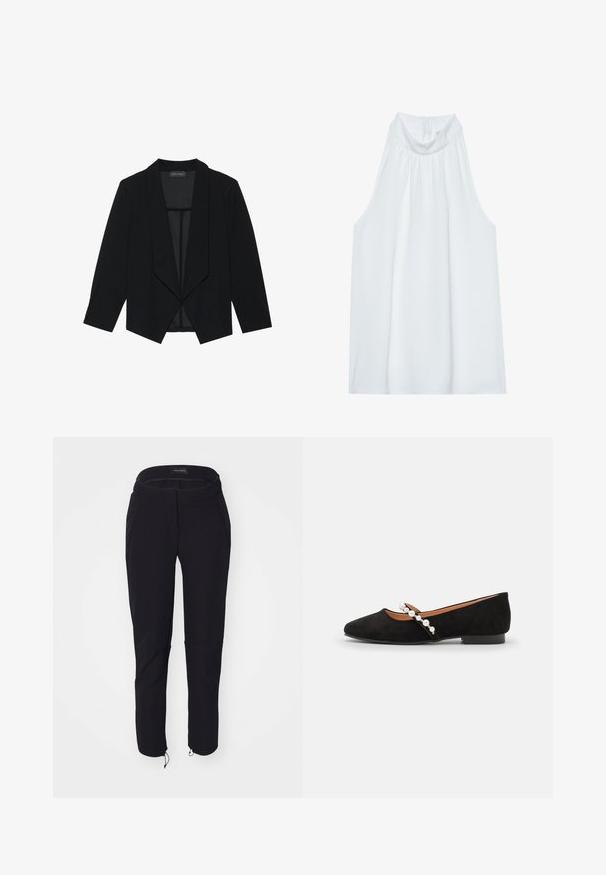 Blazer noir avec un col châle, des manches trois-quarts et un design ouvert à l'avant. Fabriqué dans un tissu lisse avec une finition texturée.; Haut sans manches blanc avec un col montant, en tissu doux, présentant des détails froncés au niveau du col et une fermeture éclair dissimulée à l'arrière.; Pantalon noir avec une texture lisse, présentant un design ajusté, une taille élastique, deux poches et des poignets ajustables avec cordons de serrage.; Ballerines en velours noir à bout pointu, dotées d'une strap décorative ornée de perles blanches et d'un petit talon.