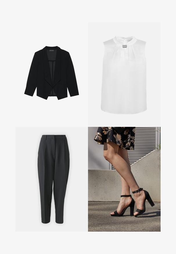 Blazer negro con cuello chal, mangas tres cuartos y diseño de frente abierto. Fabricado con una tela suave con un acabado texturizado.; Blusa blanca sin mangas con escote fruncido y cierre decorativo plateado en el cuello, con cremallera trasera.; Pantalones negros ajustados con cintura alta, pinzas y pierna entallada. Tejido liso sin patrones ni adornos visibles.; Sandalias de tacón alto de ante negro con una correa en el tobillo y hebilla, diseño de punta abierta y tacón ancho. Textura suave y estilo minimalista.