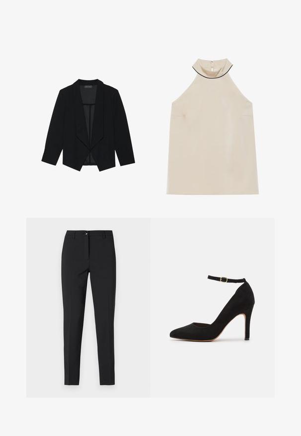 Sort blazer med sjalskrave, trekvartærmer og åbent frontdesign. Lavet af et glat stof med en tekstureret overflade.; Beige, ærmeløs halterneck-top i glat stof med høj krave og lynlås bagpå, der har et minimalistisk design uden synlige mønstre.; Sorte figursyede bukser i glat stof med en klassisk talje, lynlås i fronten og sidelommer samt et elegant, skræddersyet design.; Sort ruskind højhælet sko med spids tå og ankelrem. Har en guldbælte og en slank, tilspidset hæl.