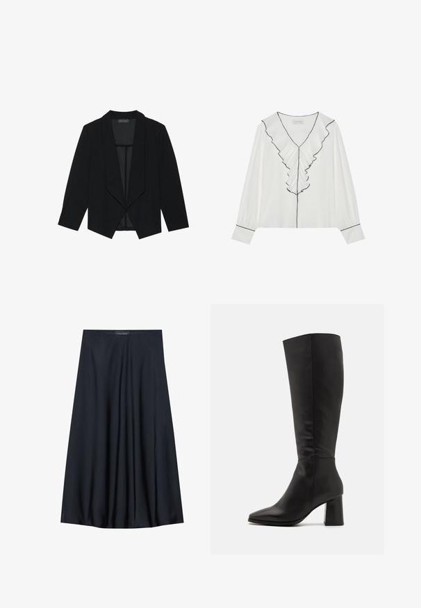 Sort blazer med sjalskrave, trekvartærmer og åbent frontdesign. Lavet af et glat stof med en tekstureret overflade.; Hvid bluse med V-hals, med foran rynke og sort kant. Lange ærmer med knapmanchetter, lavet af letvægtsmateriale.; Sort, knælang nederdel lavet af letvægtsstof med et svævende design. Har en glat tekstur og subtile plisseringer for en ekstra detalje.; Sort knæhøje støvler lavet af glat læder. Har spidse tæer og en kraftig, struktureret blokhæl. Minimal sydetaljer.