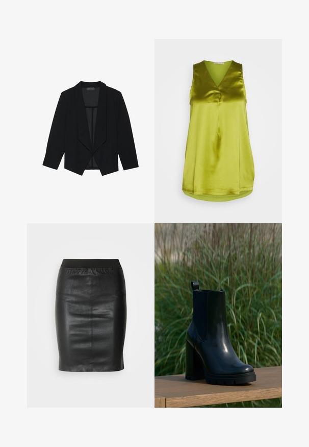 Schwarzer Blazer mit Schalkragen, Dreiviertelärmeln und offenem Vorderdesign. Gefertigt aus einem glatten Stoff mit strukturierter Oberfläche.; Anna Field Bluse - green; Schwarzer Bleistiftrock aus glattem Leder, mit einem elastischen Bund für eine figurbetonte Silhouette und minimalistischem Design.; Schwarze, glänzende Leder-Ankle-Boots mit klobigem hohen Absatz und Zuglasche, präsentiert auf einer Holzoberfläche vor einem Hintergrund aus hochgewachsenem grünem Gras.