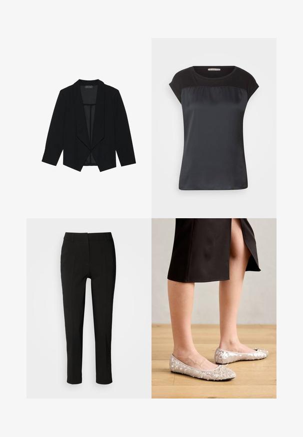Sort blazer med sjalskrave, trekvartærmer og åbent frontdesign. Lavet af et glat stof med en tekstureret overflade.; Sort kortærmet top med en satinlignende frontpanel og kontrasterende mat stof på skuldrene. Glat tekstur med en afslappet pasform.; Sorte skræddersyede bukser med slim fit, flad front og uden synlige lommer, med en glat tekstur og en ren finish ved kanten.; Beige stæl ballet flats med en rund tå, der har en bueaccent, parret med en sort nederdel, vist på et trægulv.