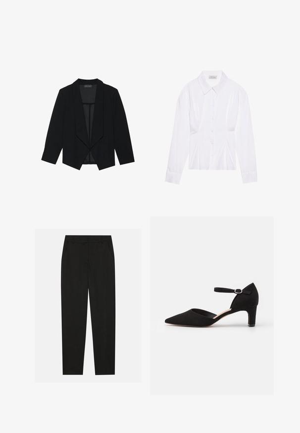 Sort blazer med sjalskrave, trekvartærmer og åbent frontdesign. Lavet af et glat stof med en tekstureret overflade.; Hvid langærmet bluse med klassisk krave, knaplukning foran og samlede side detaljer. Glat stof med en skræddersyet form.; Sorte bukser med en skræddersyet design, der har sidelommer og lige ben. Lavet af glat, letvægtsstof med en elegant finish.; Sort ruskinds pumps med spids tå, ankelrem med cirkulær spænde og en lav blokhæl. Glat tekstur og minimalistisk design.
