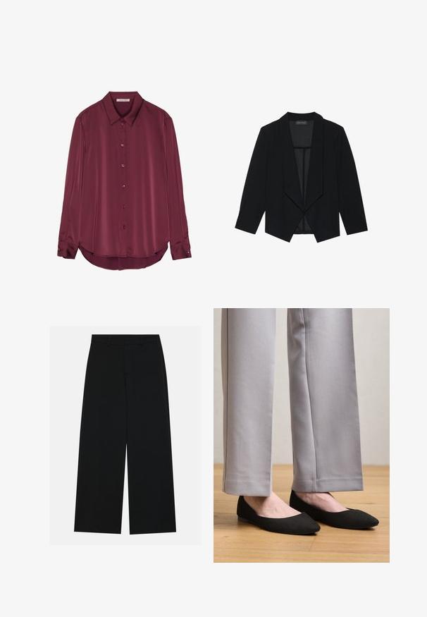 Blazer noir avec un col châle, des manches trois-quarts et un design ouvert à l'avant. Fabriqué dans un tissu lisse avec une finition texturée.; Blouse bourgogne à manches longues en satin lisse, avec un col, une fermeture par boutons et un ourlet arrondi. Les boutons sont de la même couleur que le tissu.; Pantalons noirs à jambe large en tissu lisse. Dotés d'une taille plate avec passants de ceinture et sans poches visibles. Design simple.; Chaussures plates en daim noir avec un design à bout pointu, portées avec un pantalon gris, présentant une texture simple et lisse et un minimum d’éléments métalliques.