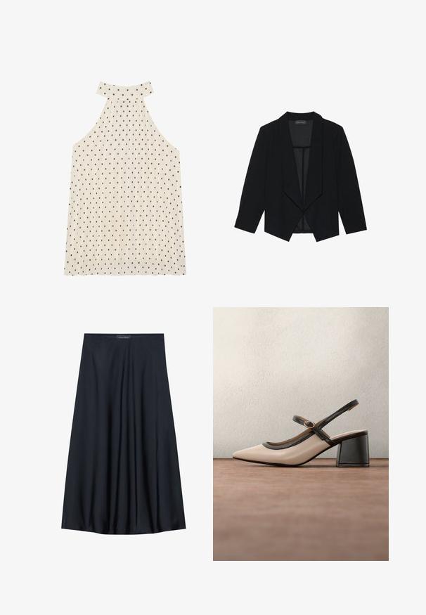 Sort blazer med sjalskrave, trekvartærmer og åbent frontdesign. Lavet af et glat stof med en tekstureret overflade.; Ærmeløs halterneck top i creme med brune prikker, der har en høj halsudskæring og plisseret stof for ekstra tekstur.; Sort, knælang nederdel lavet af letvægtsstof med et svævende design. Har en glat tekstur og subtile plisseringer for en ekstra detalje.; Beige høje hæle slingback-sko med spids tå, sort kant og spænde detalje. Glat materiale med mat finish, mellemstor blokhæl.