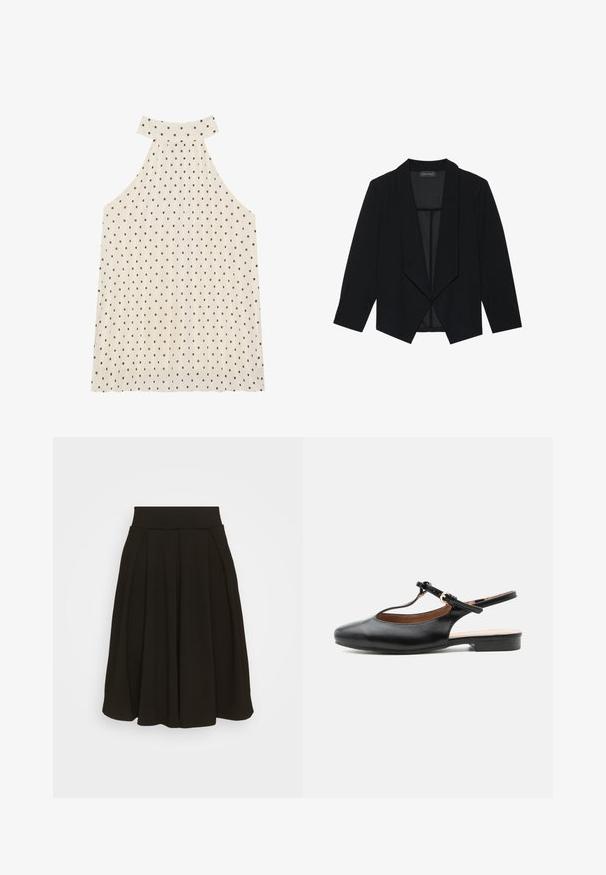Sort blazer med sjalskrave, trekvartærmer og åbent frontdesign. Lavet af et glat stof med en tekstureret overflade.; Ærmeløs halterneck top i creme med brune prikker, der har en høj halsudskæring og plisseret stof for ekstra tekstur.; Sort plisseret nederdel med en bred, elastisk talje. Fremstillet af et blødt stof, med en knælang kant og glat tekstur.; Sort læder flad slingback-sko med T-rem og guldlås på neutral baggrund.