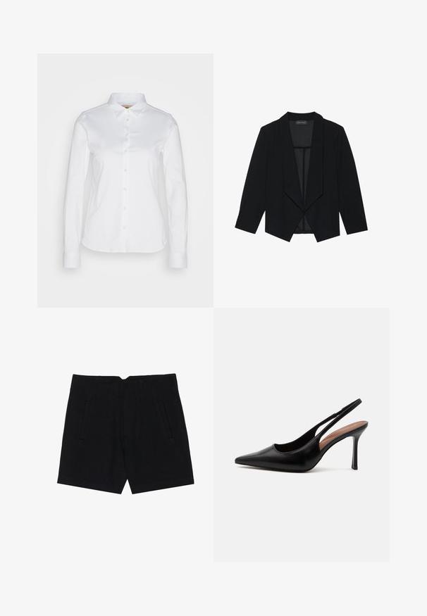 Sort blazer med sjalskrave, trekvartærmer og åbent frontdesign. Lavet af et glat stof med en tekstureret overflade.; Hvid langærmet skjorte med knaplukning og spread krave, fremstillet i et glat bomuldsstof og rundet kant. Stoffet har en let glans.; Sorte shorts lavet af et glat stof, der har sidelommer, en skræddersyet pasform og strukturerede læg foran for en ren silhuet.; Sort læderspids tå højhælede slingback-sko med tynd stilethæl og åben bagrem på hvid baggrund.