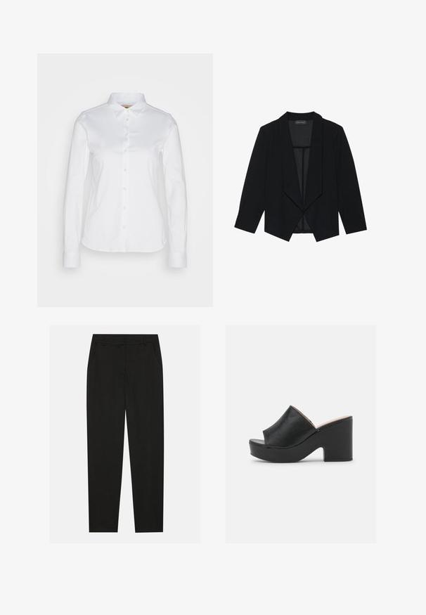 Zwarte blazer met een sjawl-kragen, driekwartmouwen en een open voorkant. Gemaakt van een soepele stof met een gestructureerde afwerking.; Witte langwerpige blouse met knopen en een brede kraag, gemaakt van een gladde katoenstof met een afgeronde zoom. De stof heeft een lichte glans.; Zwarte broek met een tailormade ontwerp, voorzien van zijzakken en een rechte pijp. Gemaakt van een soepele, lichte stof met een strakke afwerking.; Zwarte leren open teen muiltjes met een brede voorkant en een stevige, hoge plateauhak met een gladde textuur. Zijaanzicht weergegeven.