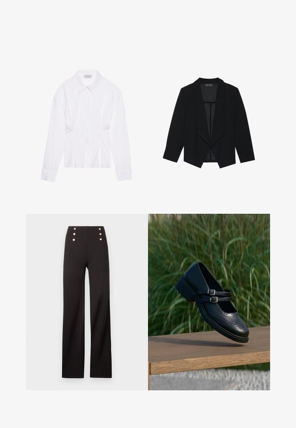 Blazer noir avec un col châle, des manches trois-quarts et un design ouvert à l'avant. Fabriqué dans un tissu lisse avec une finition texturée.; Blouse blanche à manches longues avec un col classique, fermeture à boutons sur le devant et détail froncé sur le côté. Tissu lisse avec une coupe ajustée.; Pantalon noir taille haute à jambes larges avec six boutons décoratifs dorés disposés en deux rangées verticales près de la taille.; Chaussure Mary Jane en cuir noir avec doubles brides bouclées et détails brogue, flottant au-dessus d'un banc en bois avec en arrière-plan de l'herbe verte.