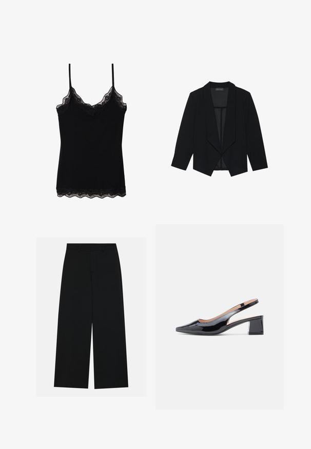 Schwarzer Blazer mit Schalkragen, Dreiviertelärmeln und offenem Vorderdesign. Gefertigt aus einem glatten Stoff mit strukturierter Oberfläche.; Schwarzes Spaghetti-Top mit verstellbaren Trägern, einem gewellten Spitzenbesatz entlang des Ausschnitts und Saums sowie einer figurschmeichelnden Passform. Hergestellt aus weichem Stoff.; Schwarzweite Hosen mit weitem Bein aus glattem Stoff. Besitzt einen flachen Bund mit Gürtelschlaufen und ohne sichtbare Taschen. Schlichtes Design.; Schwarzer Slingback-Pumps aus Lackleder mit spitz zulaufender Schuhspitze und stabilem Blockabsatz, seitlich mit Ausschnittdetail.