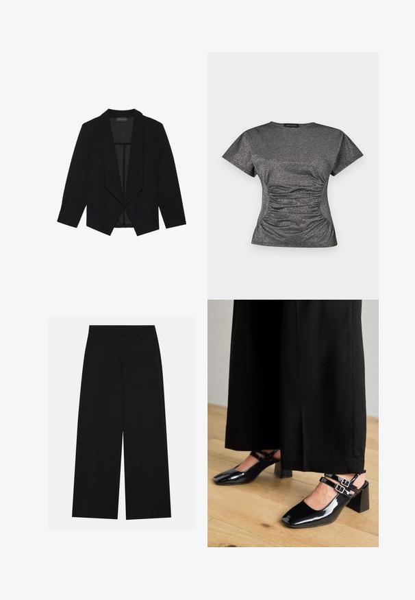 Blazer negro con cuello chal, mangas tres cuartos y diseño de frente abierto. Fabricado con una tela suave con un acabado texturizado.; Top de manga corta en gris oscuro con brillo metálico, con un escote redondo y detalle de fruncido recogido en la cintura.; Pantalones negros de pierna ancha hechos de una tela suave. Presentan una cintura plana con pasadores de cinturón y sin bolsillos visibles. Diseño sencillo.; Zapatos de charol negro tipo slingback con puntera cuadrada, que cuentan con dobles correas ajustables en el tobillo y tacones en bloque. Acabado suave y brillante.