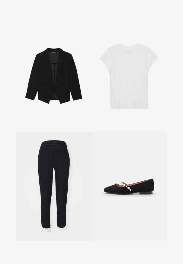 Zwarte blazer met een sjawl-kragen, driekwartmouwen en een open voorkant. Gemaakt van een soepele stof met een gestructureerde afwerking.; Witte t-shirt met korte mouwen, ronde hals, relaxte pasvorm, gemaakt van zacht katoen. Glad textuur, geen patronen of logo's.; Zwarte broek met een gladde textuur, met een slimfit ontwerp, elastische tailleband, twee zakken en verstelbare manchetten met trekkoorden.; Zwarte fluwelen balletflats met een spitse neus, voorzien van een decoratieve band versierd met witte parels en een lage hak.