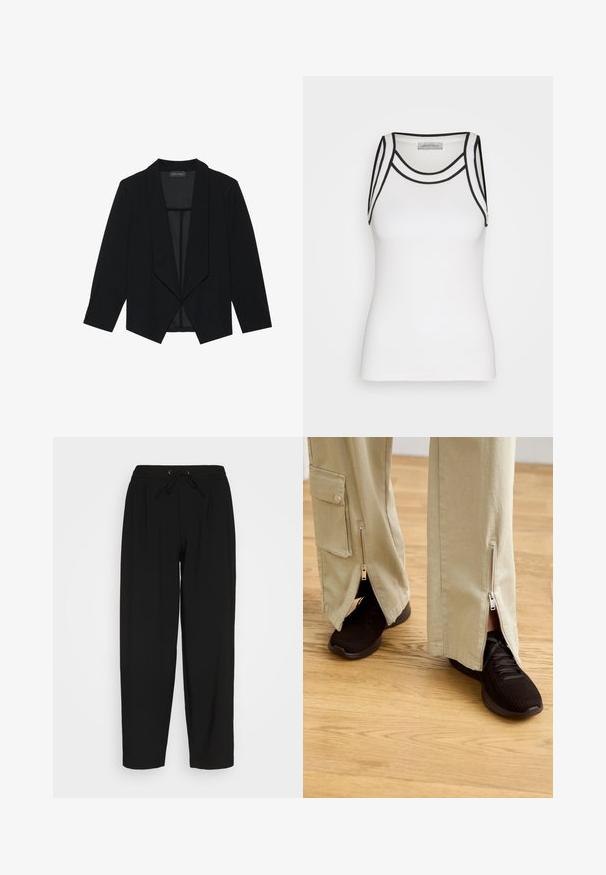 Sort blazer med sjalskrave, trekvartærmer og åbent frontdesign. Lavet af et glat stof med en tekstureret overflade.; Hvid tanktop lavet af ribbet stof, med sorte accenter langs halsudskæringen og armhullerne, i en tætsiddende silhuet.; Svarte sweatpants med elastisk talje og snøre. Har en afslappet pasform og lige ben design. Blødt stof uden mønstre.; Beige brede bukser med lynlåse ved anklerne, parret med sorte træningssko med en tekstureret overdel og polstret sål.