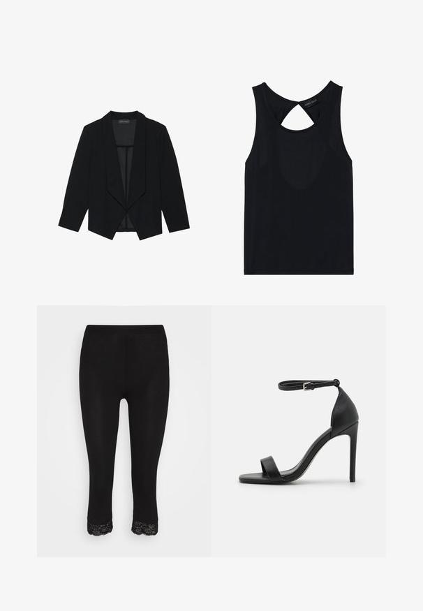 Blazer negro con cuello chal, mangas tres cuartos y diseño de frente abierto. Fabricado con una tela suave con un acabado texturizado.; Top negro sin mangas con cuello redondo, que presenta un detalle recortado en la parte posterior. Fabricado en tejido suave y elástico. Diseño sencillo sin patrones.; Leggings negros con un ajuste ceñido, que presentan un borde de encaje en el dobladillo. Fabricados con un material suave y elástico para mayor comodidad y flexibilidad.; Sandalia de tacón alto negra con un diseño elegante, que cuenta con una correa en el tobillo, punta abierta y una textura de cuero suave.