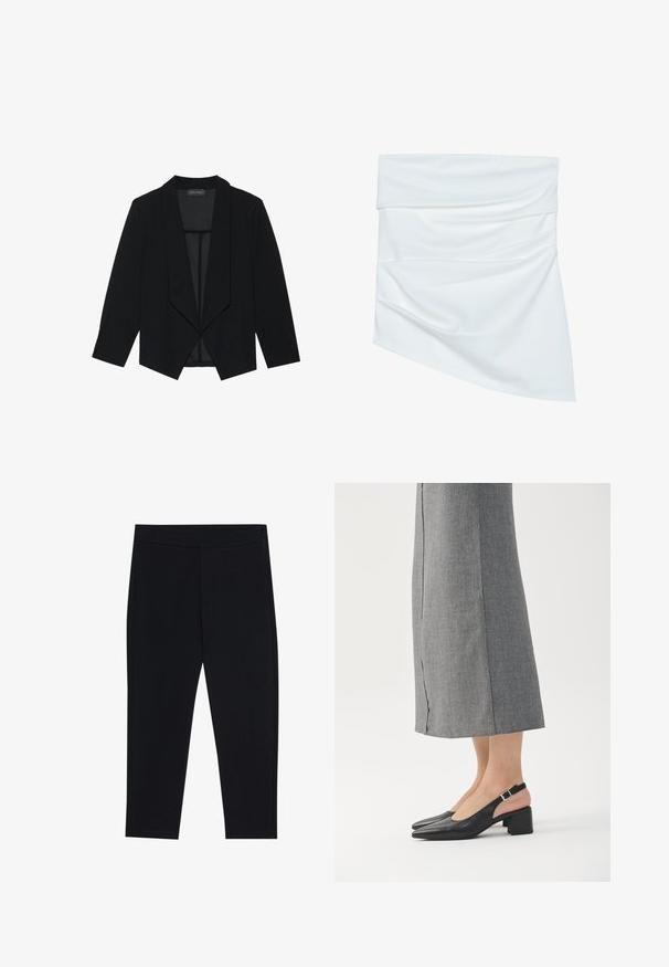 Sort blazer med sjalskrave, trekvartærmer og åbent frontdesign. Lavet af et glat stof med en tekstureret overflade.; Hvidt stof mini nederdel med draperet design, som har en blød tekstur og asymmetrisk form, foldet ved taljen for ekstra stil.; Sorte leggings lavet af strækbart stof, med en elastisk talje og en glat tekstur. Ingen synlige mønstre eller hardware-detaljer.; Sorte læder slingback sko med spids tå, blokhæl og kontrasterende lyserød hælafslutning. Glat tekstur med minimalistisk design.