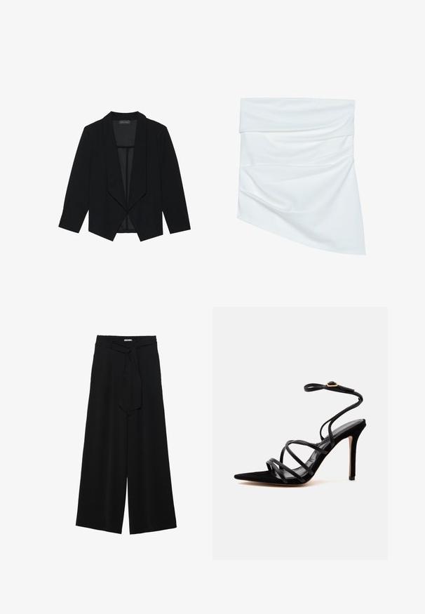 Sort blazer med sjalskrave, trekvartærmer og åbent frontdesign. Lavet af et glat stof med en tekstureret overflade.; Hvidt stof mini nederdel med draperet design, som har en blød tekstur og asymmetrisk form, foldet ved taljen for ekstra stil.; Sorte vide bukser i en tekstureret stofkvalitet, med elastisk talje og et aftageligt bånd i taljen for justerbar pasform.; Sort højhælet sandal med spids tå, tynde krydsede stropper og en ankelrem med en guldbuket på en ensartet lys baggrund.