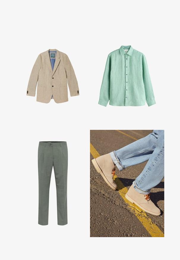Beiger Leinen-Herrenblazer mit Kerbkragen, zwei schwarzen Vorderknöpfen, Dreiknopf-Manschetten und drei Vorderentaschen.; Langärmliges, hellgrünes Hemd mit Knopfleiste und klassischem Kragen aus strukturiertem Leinenstoff, flach auf weißem Hintergrund dargestellt.; Maßgeschneiderte grüne Hosen mit strukturierter Oberfläche, ausgestattet mit einem einzelnen Knopfverschluss und einem gefältelten Vorderdesign. Gerader Beinabschluss.; Beige Wildleder-Ankelboots mit orangefarbenen Schnürsenkeln, runder Spitze und einer leichten Gummisohle, kombiniert mit hellblauen, umgeschlagenen Jeans.