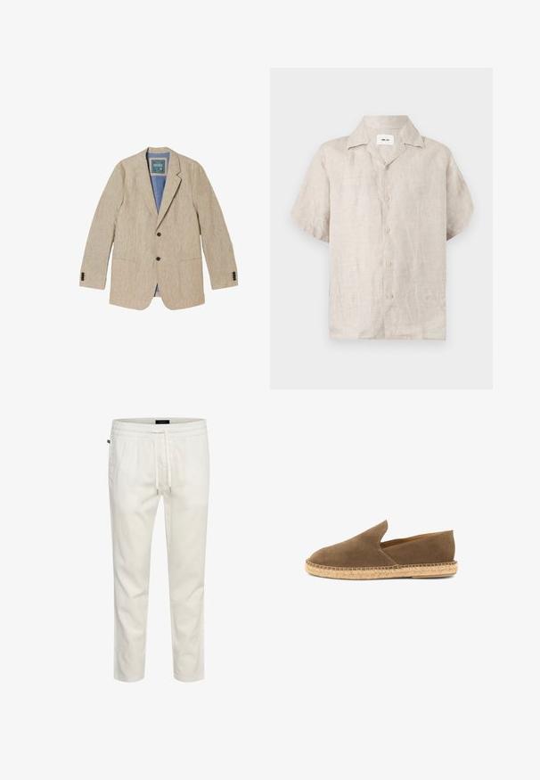 Blazer beige de lino para hombre con solapas de muesca, dos botones negros delanteros, puños con tres botones y tres bolsillos delanteros.; Camisa de lino beige de manga corta con cuello y botones delanteros, con una etiqueta blanca visible dentro del cuello que dice "NN.07".; Joggers ligeros de algodón blanco con cintura elástica, cierre con cordón y un corte relajado. Textura suave sin patrones ni acentos.; Alpargata marrón de ante con suela de yute trenzado y lados bajos, diseñada para uso informal.
