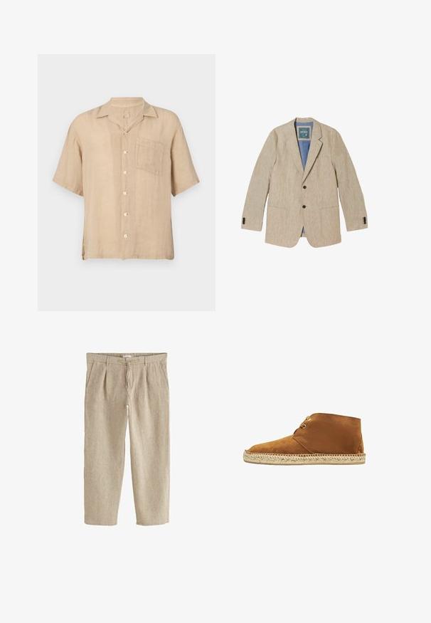 Beige hør mands blazer med notch revers, to sorte frontknapper, tre-knaps manchetter og tre forlommer.; Kortærmet beige linnedskjorte med en notch-krave, forlommer og hvide knapper. Struktureret stof, afslappet pasform og lige kant.; Beige linnedbukser med forplisseringer foran, sidelommer, knaplukning og snøre i taljen.; Brune ruskind ankelsko med en rund tå og en sål af jute-reb. Har et snørebåndsdesign og en glat overflade, ideel til afslappet brug.