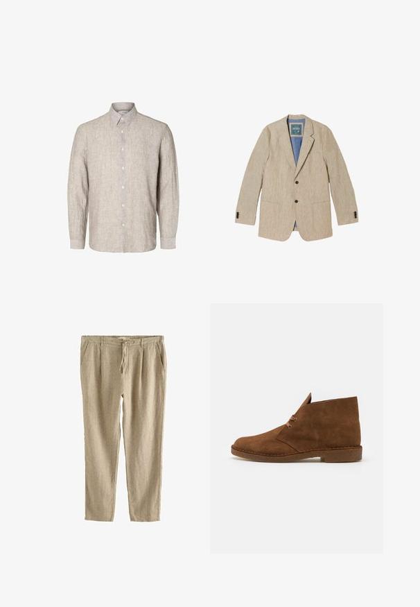 Blazer beige en lin pour homme avec revers crantés, deux boutons noirs sur le devant, poignets à trois boutons et trois poches devant.; Chemise en lin gris clair à manches longues, col boutonné et boutons à l'avant. Tissu texturé avec un motif subtil.; Pantalon casual en lin beige avec taille à cordon, poches latérales et coupe droite détendue.; Bottes chelsea en cuir suédé marron avec un bout arrondi, des coutures minimalistes, une languette courte et une semelle en caoutchouc pour une meilleure traction.