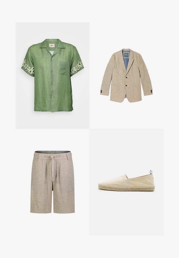 Beige linnen herenblazer met notched revers, twee zwarte voorste knopen, drieknops manchetten en drie voorzakken.; Korte mouwen groene linnen shirt met een knoopsluiting aan de voorkant, een opgestikt zakje en een ingewikkeld crèmekleurig spiraalpatroon op de mouwen. Lichtgewicht en ademend materiaal.; Beige knielange casual shorts met een elastische taille, riemlussen en een stoffen voorstrik.; Beige canvas espadrille met een ronde neus, gevlochten jute zool en een kleine rode en blauwe accent op de hiel. Lichtgewicht zonder sluiting.