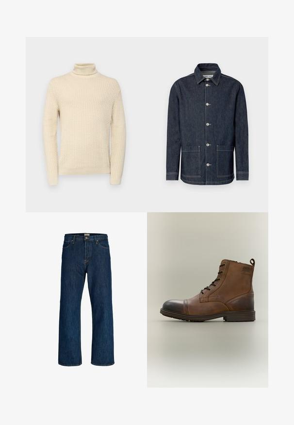Veste en denim foncé avec un col pointu, une fermeture avant à cinq boutons, deux poches avant et des détails de couture contrastants.; Pull à col roulé couleur crème avec un motif en tricot texturé, doté de manches longues et de poignets et d'un ourlet côtelés.; Jeans en denim bleu foncé à jambes droites, avec bouton à l'avant, fermeture éclair et design à cinq poches.; Botte cheville en cuir marron à lacets avec bout noir, semelle ronde et détail de marque sur le côté sur fond uni.